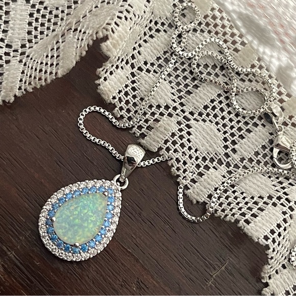 Silver Fire Opal Tear Drop Necklace - Picture 2 of 5
